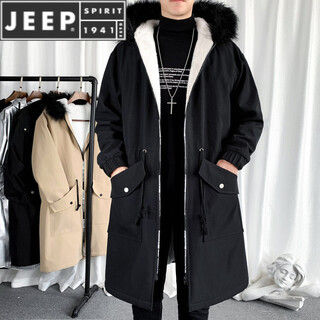 Jeep spirit velvet thickened windbreaker men's hooded parka hong kong style coat winter and autumn coat youth mid-length large pocket men's black m