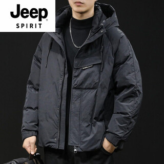 Jeep spirit new 2025 winter down jacket work jacket thickened warm hooded men's light luxury short white duck down black (high quality down jacket) l recommended 100-115 jin jin equals 0.5 kg