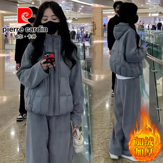 Pierre cardin (pierre cardin) fashionable casual sports suit women's autumn and winter new stitched cotton coat thickened jacket plus velvet straight pants two-piece set gray m (recommended 100jin jin equals within 0.5kg)