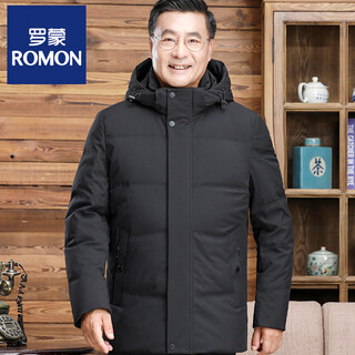 罗蒙（ROMON）中老年羽绒服男中长款爸爸装加厚冬款父亲爷爷装大码短款保暖外套 黑色6808【短款】 M 170 【适合90-115斤】