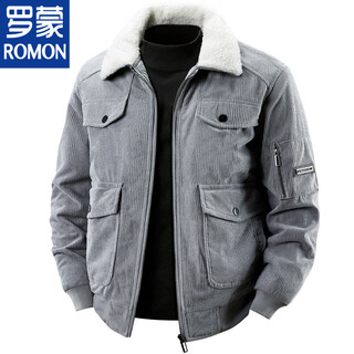 Romon corduroy cotton coat men's 2025 autumn new lapel sherpa winter velvet thickened casual jacket gray m 80-100jin jin equals 0.5 kg