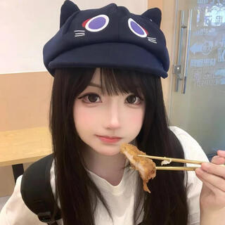 Chongyou wanderer fairy tale cat erect ear cartoon octagonal hat beret girl cute sweet girl shows her face little cos hat cute black/stray cat/octagonal hat one size 54-59cm