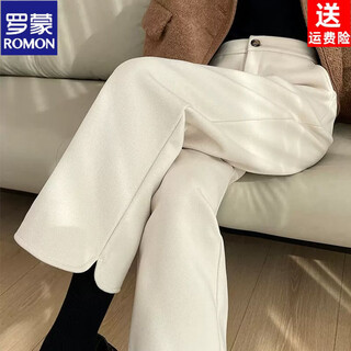Romon nine-point casual plus fleece pants for women in winter thickened high-waisted small pear-shaped harem wide-leg straight pants apricot plus fleece m (100-110jin jin is equal to 0.5 kg)