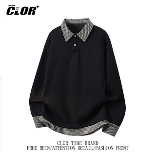 Clor fake two-piece spliced plaid polo long-sleeved shirt sweatshirt autumn anti-wrinkle style lapel wyc22 black 2xl