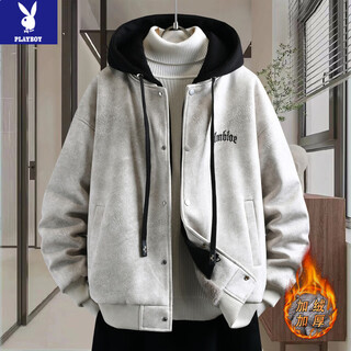Playboy (playboy) suede youth trendy brand hooded cotton coat men's velvet thickened loose warm jacket handsome winter cotton coat men tk3533 velvet thickened apricot l
