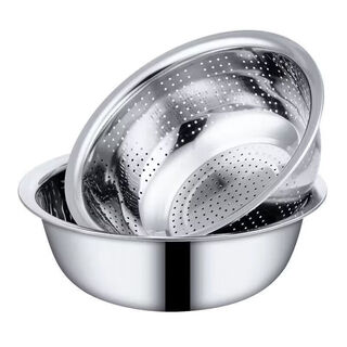 Tuojin extra thick 304 stainless steel leaky basin food grade vegetable washing drain basin rice washing basin kitchen two-piece set rice sieve draining dishes 304 solid basin + leaky basin 1 each 28cm total 2 pieces