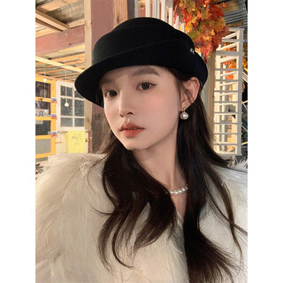 Wool woolen hat for women, autumn and winter curled top hat, warm fisherman hat, basin hat, beret, french gold top hat, black, head circumference 54-58cm