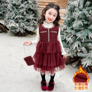 Disney children's new year's clothing set girls' small fragrant style dress plus velvet winter style 2026 new style little girl fashionable princess skirt + sweater + bag skirt plus velvet 100 cm