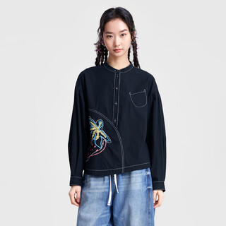 Moveup 2026 spring new style.fun series pure cotton off-shoulder contrast color thread embroidered short shirt for women black l