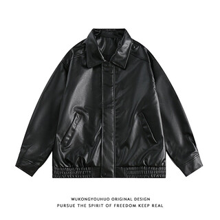 Zuoxu (zuoxu) trendy brand solid color motorcycle jacket for men and women american street loose and versatile pu leather jacket maillard jacket autumn and winter black m