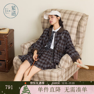 Zihan (zihan) zihan retro college style coffee grid jacket pleated skirt top and bottom suit skirt women 2025 autumn new style coffee grid m