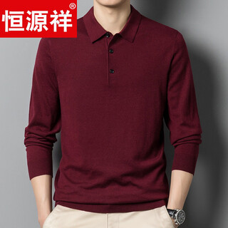 Hengyuanxiang high-end middle-aged men's long-sleeved t-shirt men's spring new thin lapel knitted t-shirt cardigan sweater dad wear purple sauce red l 170