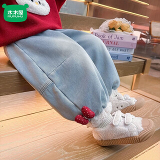 Mumuwu children's winter new fashionable 2026 girls' pants warm and velvet thickened alpaca jeans for girls winter wear light blue velvet jeans 90 recommended height around 85