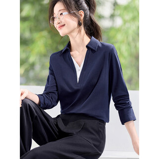 Mohan yimei top 2026 spring new polo fake two-piece contrast color v-neck slim versatile slim long-sleeved shirt navy s