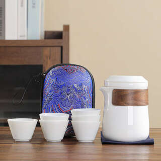 Yusenyi travel tea set portable set outdoor camping teapot portable bag white porcelain one pot six cups pure white blue bag