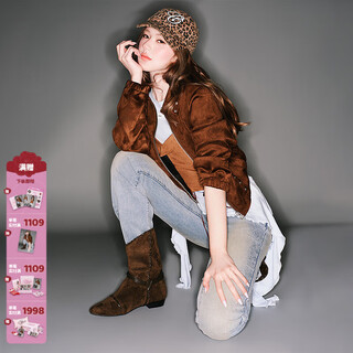 Chuu zhao lusi's same style imitation suede rivet leather jacket for women's spring new letter embroidered jacket, coffee color 2, one size fits all