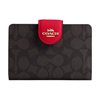 Coach signaturecanvas 13 brand logo snap closure leather wallet medium women's walnut walnut with red 1 walnut with red 2