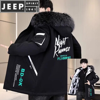Jeep spirit velvet thickened men's jacket mid-length trendy overcoat cotton winter men's jacket 2025 new windbreaker bdq black rice xl