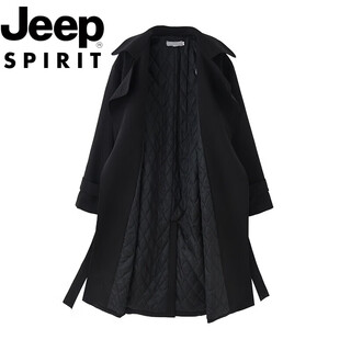JEEP SPIRIT国际品牌秋冬季韩系英伦风衣外套男时尚呢.子大衣长款单排扣潮流 黑色加棉 M