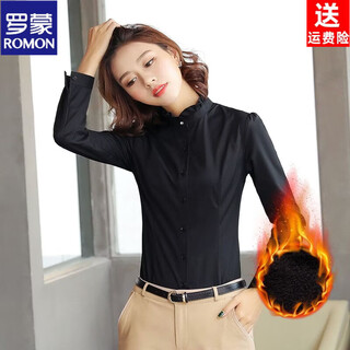 Romon lace stand-up collar shirt women's long-sleeved 2026 autumn and winter new velvet design professional fungus versatile formal shirt black shirt (velvet thickened) s 90jin jin equal to 0.5 kg or less