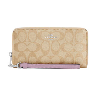 Coach zip around classic presbyopic zipper closure canvas and leather wallet women's khaki and purple default