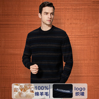 Bosssunwen 100% sheep wool recommended for spring business casual skin-friendly soft contrast striped round neck men's wool sweater black m