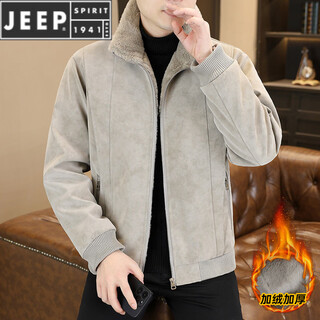 JEEP SPIRIT冬季毛领皮夹克男加绒加厚休闲机车皮衣韩版潮流帅气皮毛一体外套 灰色 4XL