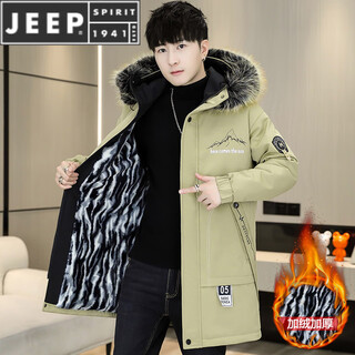 Jeep spirit parka men's jacket plus velvet thickened jacket men's winter cotton coat mid-length windbreaker warm coat cotton coat khaki plus velvet and thick m about 80-100jin jin equals 0.5 kg can be worn