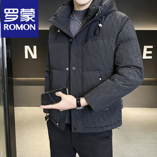 罗蒙（ROMON）羽绒服男款2025冬季新款连帽90白鸭绒内胆防寒服修身加厚外套 黑色 M 100-120斤左右