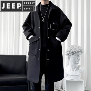 Jeep spirit velvet thickened windbreaker men's long spliced coat handsome men's single-breasted lapel shawl winter top jacket black m
