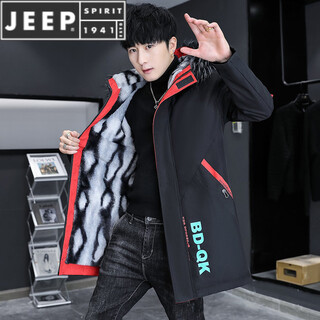 Jeep spirit winter parka men's velvet thickened jacket trendy winter mid-length windbreaker warm cotton men's jacket bdq black and red velvet plus thick with fur collar m