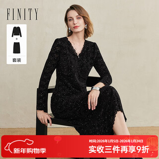 Finity fashion suit 2025 winter new simple elegant deep v-neck temperament two-piece set for women black m