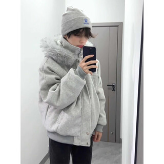 Luyal fur collar mountain carving cotton coat men's winter american style thickened warm cotton coat cleanfit high street couple coat light gray xl