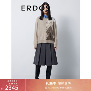 Erdos round neck jacquard long-sleeved pullover diamond plaid college style loose cashmere sweater for women earth camel 165/88a/l