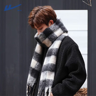 Pull-back scarf for men in winter, lengthened and thickened to keep warm, seahorse hair plaid scarf birthday gift for couples, scarf for women, black and white plaid, classic style