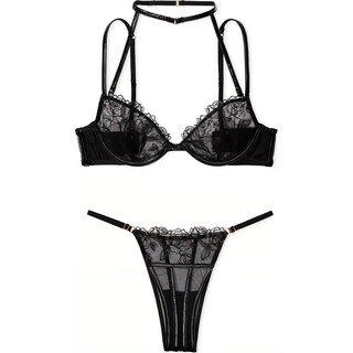 Victoria's secret embroidered rose patent leather soft ultra-thin halter neck bra underwear set women's black suit (black) m 34b+