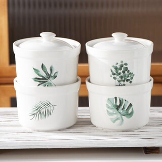 Stew cup, water-proof stew pot for one person, home with lid, bird's nest steamed egg custard pot, stew soup, ginseng cup, hotel shaxian soup, stew pot with 4 green leaves - 4.5 inches with lid (approx.) 400ml