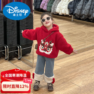 Disney girls autumn and winter fleece sweatshirt 2026 new children's red hooded jacket boy baby fashionable jeans suit red sweatshirt sweatshirt fleece 130 cm