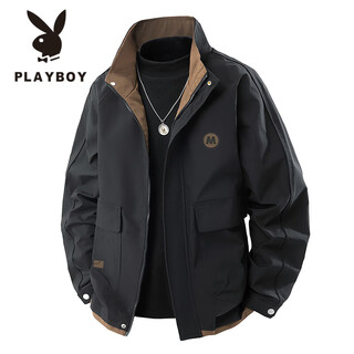 Playboy (playboy) large size jacket men's spring and autumn trendy versatile stand-up collar top loose plus fat men's flight jacket 1702 black m 100-120jin jin is equal to 0.5 kg