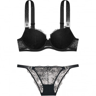 Victoria's secret letter v-shaped fixed double strap bra low-waist triangle underwear set women's set (black) s 32d+(70d+s)