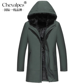 CHEVALPES国际一线品牌男士水貂内胆皮草大衣整貂皮皮毛一体中长款连帽外套 军绿色 M 165