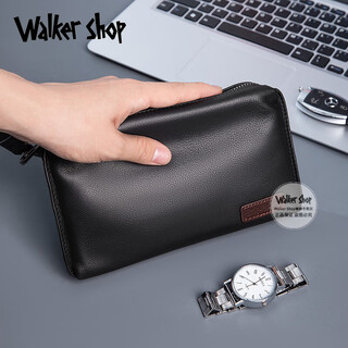 Walker shop men's clutch first layer calf leather clutch men's soft leather clutch business casual zipper mobile phone bag black 21*4*11cm