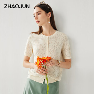 Zhaojun spring and summer mulberry silk hollow flower sweater women's round neck short-sleeved cardigan thin top cloud white 2xl