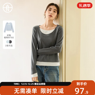 Dialogue an large size series sea salt toffee fake two-piece long sleeve t-shirt winter slightly fat mm lazy inner bottoming shirt dark gray 2xl recommended weight 145-160