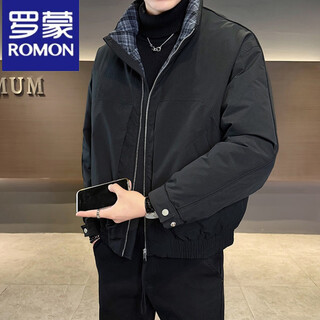Romon workwear stand collar down jacket men's contrast color jacket 2025 winter new thickened warm short men's clothing black m 90-115jin jin equals 0.5 kg