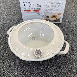 Sjbob japan imported quality enamel fryer anti-splash oil with thermometer japanese tempura fryer induction cooker gas off-white_spot 1 inch 24cm