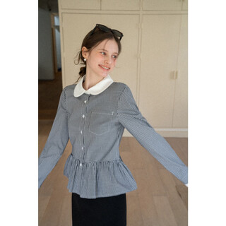 Eggka doll collar ruffle design black plaid shirt women's french sweet top e25a60427yl black plaid s
