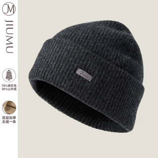 Jiumu men's hat big head circumference autumn and winter double-layer thick knitted cold hat warm baotou wool wool line hat thickened style - carbon gray one size (56-60cm)