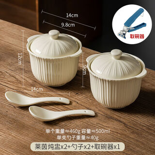 Fantasy ceramic binaural stew pot, household water-proof stew pot with lid, special small soup cup for steamed eggs, fish glue, peach gum, bird's nest, rhine stew pot 500ml*2 + bowl remover, two small spoons