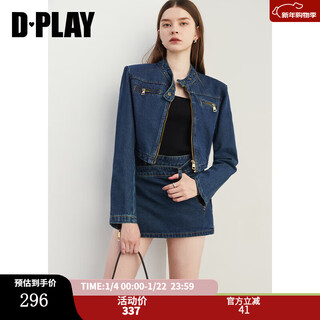 Dplay2025 autumn retro commuter dark denim blue round neck washed fabric long-sleeved denim short suit dark denim blue s